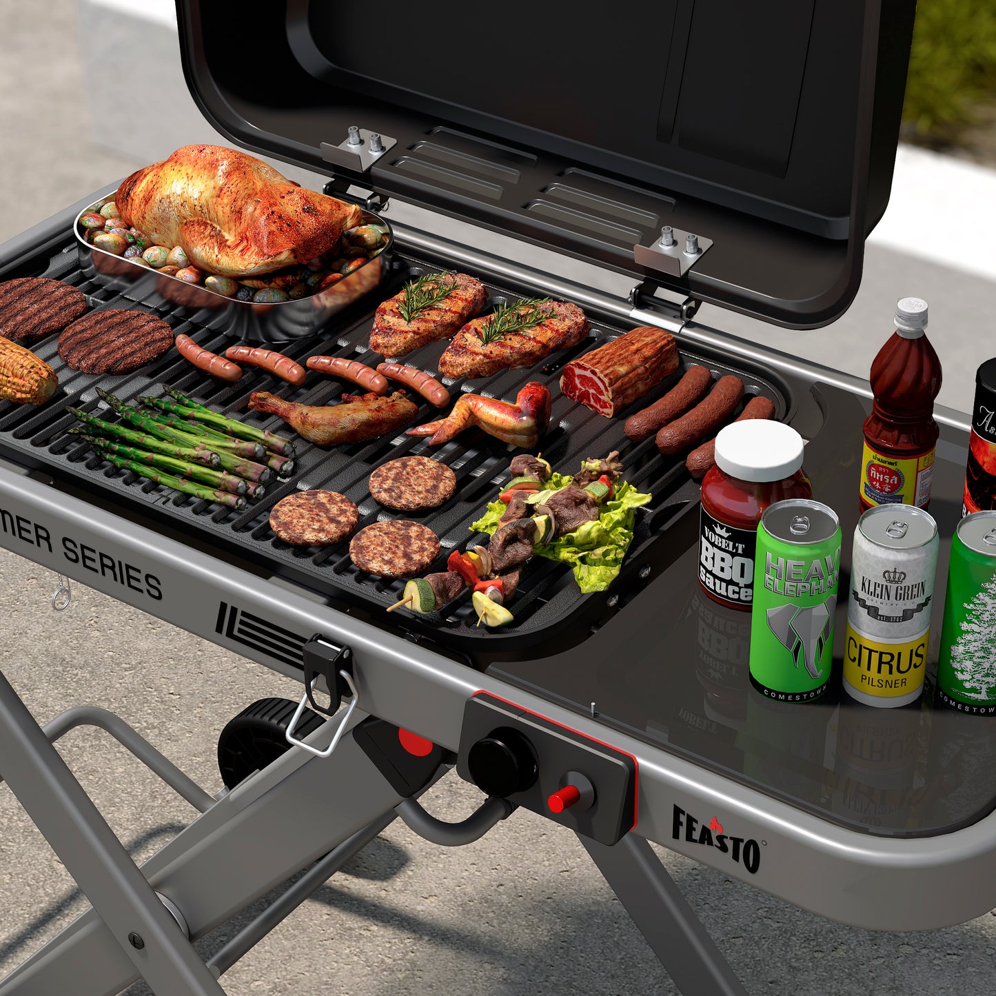 FEASTO Portable Propane Gas Grill with Folding Cart & 13000 BTU Burner, 360 SQ.IN. Cast Iron Cooking Grates, Side table, 8’’ Wheels, Stainless Grease Tray for Outdoor BBQ, Camping & Tailgating, Grey