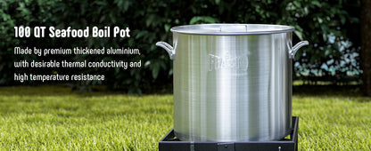 FEASTO 100QT Aluminum Boil Kit with Basket Perfect for Seafood Boiling and Steaming Outdoor Propane Gas Cooker with Adjustable 0-10 PSI Regulator Non-Assembly Frame Stand