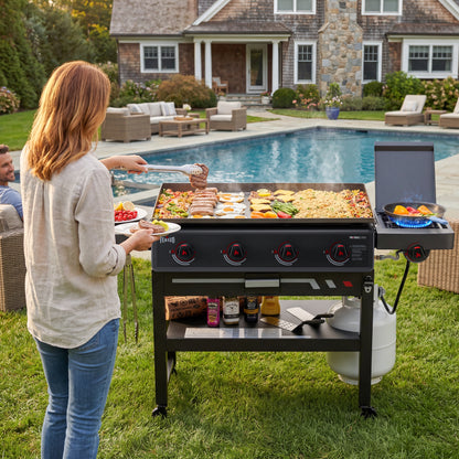 FEASTO 36" 4-Burner Propane Gas Griddle with Side Burner, 63,000 BTU, 720 Sq. In. Cooking Area, Outdoor Flat Top Grill with Grease Cup, Disposable Foil Liners & Foldable Side Table, for Patio, Backyard, BBQ Party, Black