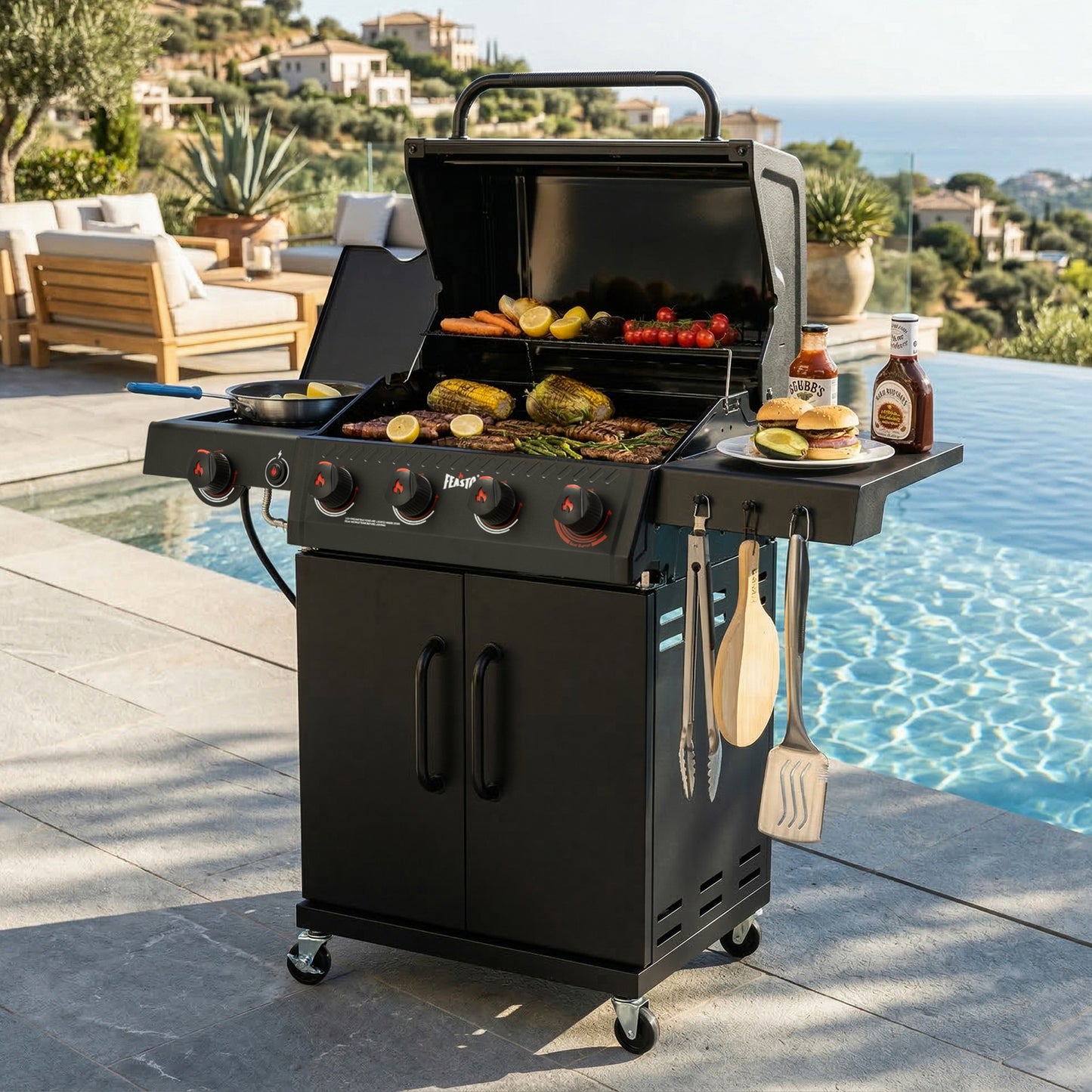 Feasto 4-Burner Propane Gas Grill with Sear & Side Burner 49,500 BTU, Black(Add to cart and enjoy an additional 5% discount)