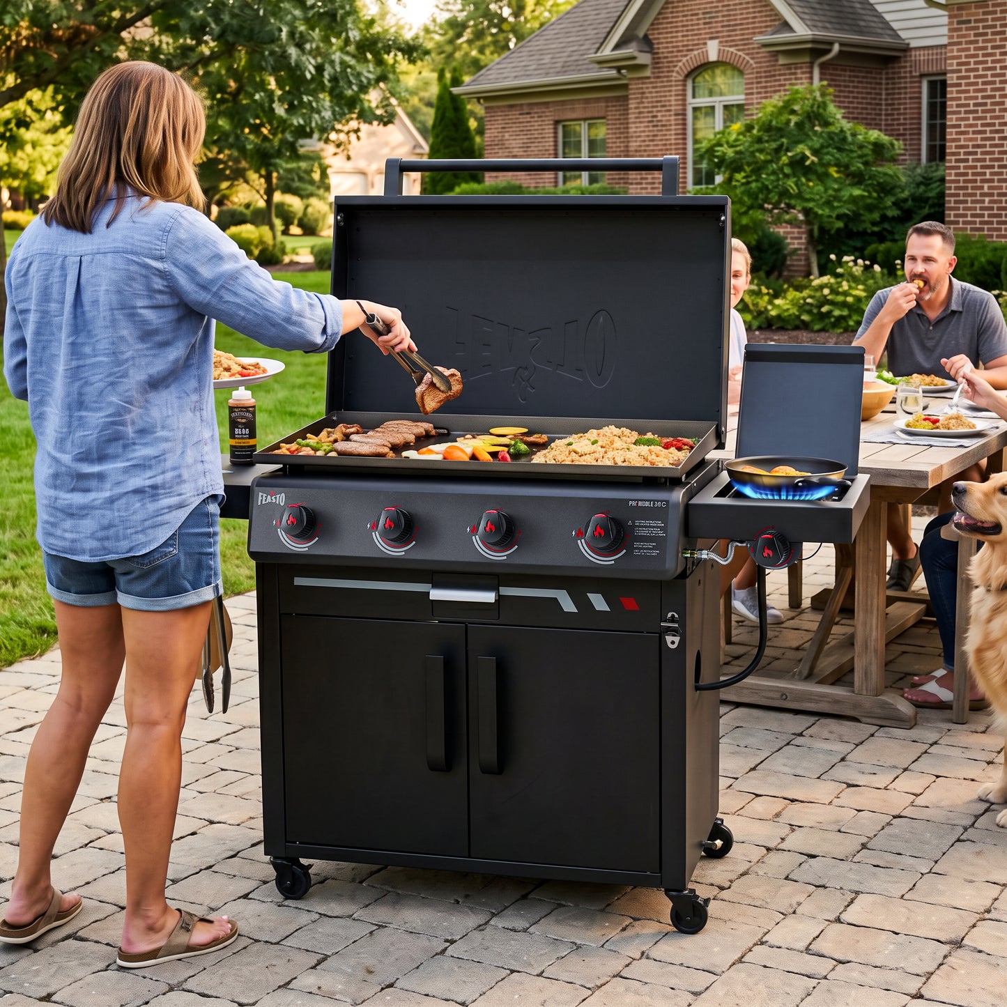 FEASTO 36" 4-Burner Propane Gas Griddle with Side Burner and Cabinet, 50,000 BTU, 720 Sq. In. Cooking Area, Outdoor Flat Top Grill with Hood, Grease Cup, Disposable Foil Liners & Foldable Side Table, for Patio, Backyard, BBQ Party, Black