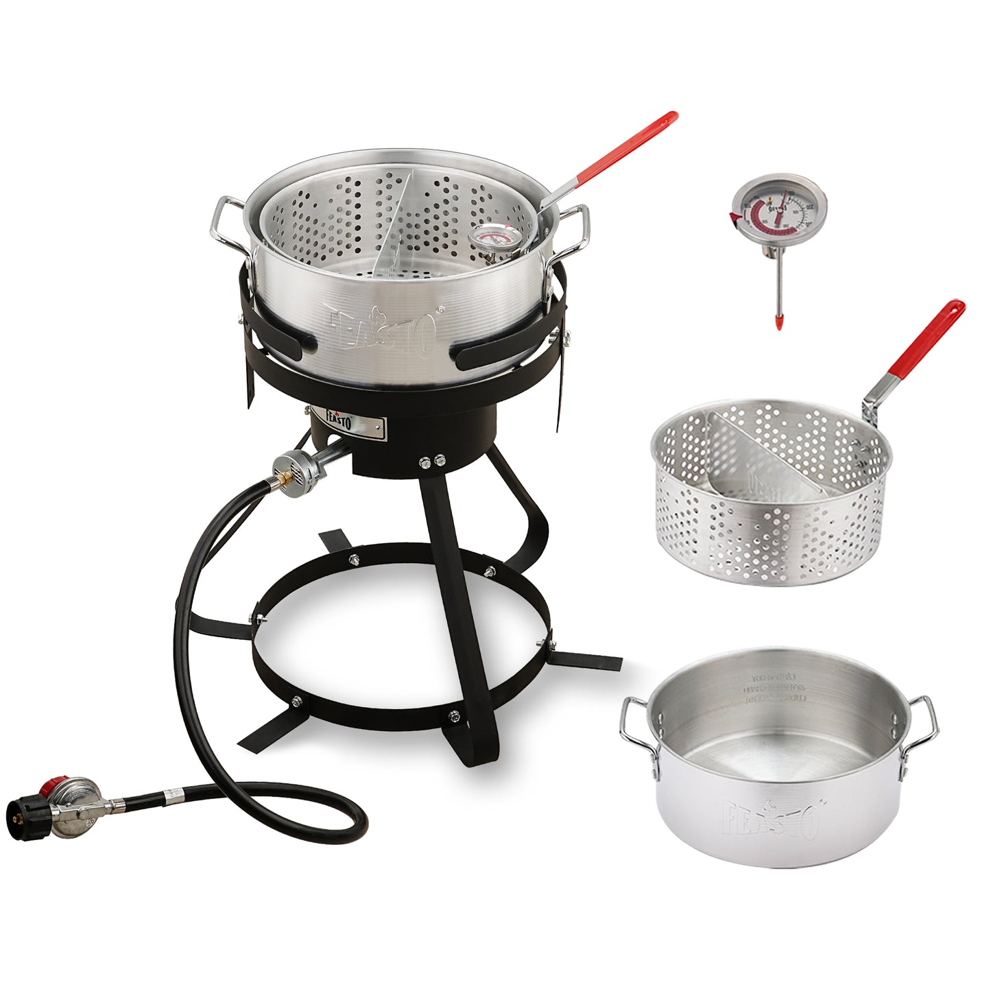10 Qt Aluminum Outdoor Propane Gas Fish Fryer Pot Kit with Strainer Basket, 50,000 BTU Burner, Adjustable 0-5 PSI Regulator, Perfect for Boiling and Frying