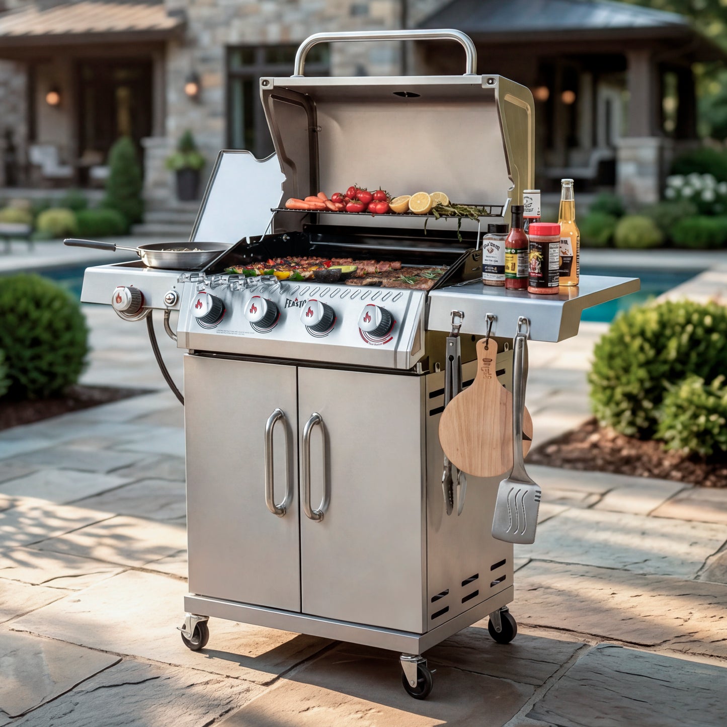 FEASTO Stainless Steel 4-Burner Propane Gas Grill with Sear Burner & Side Burner, Stainless Steel Construction with Porcelain-Enameled Main Body, 49,500 BTU Outdoor BBQ Grill, 563 Sq. In. Cabinet Storage, Backyard Patio Barbecue Grill, Silver