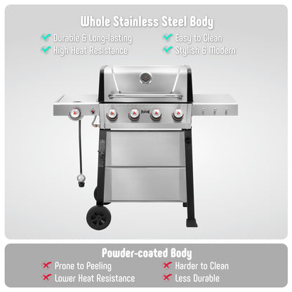 4-Burner Propane Gas Grill with Side Burner and Porcelain-Enamel Cast Iron Grates for Patio Garden Barbecue,48000 BTU Outdoor Grill for Outdoor Cooking, Silver