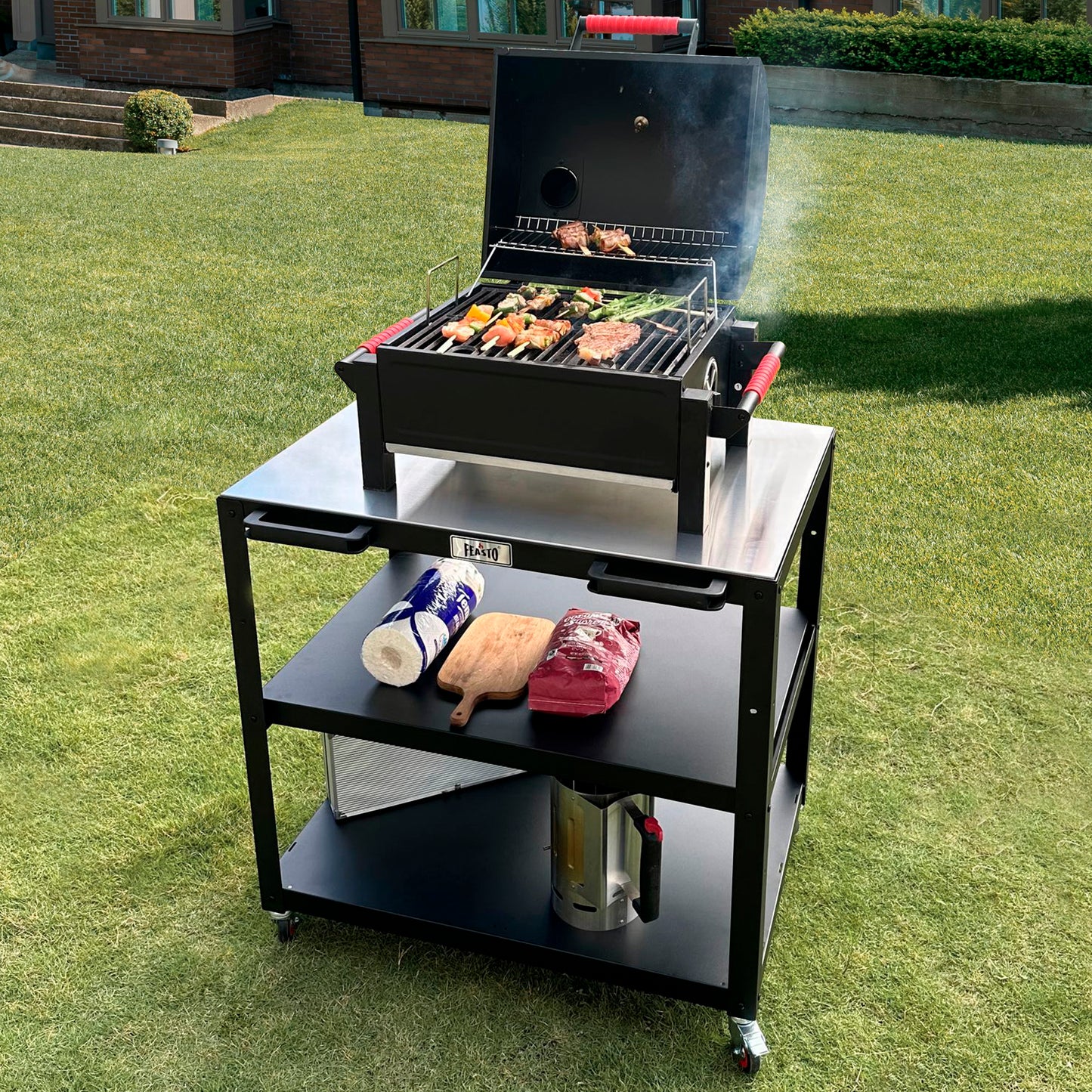 Feasto 3-Shelf Outdoor Steel Table Cart 35.4” x 24” Stainless Steel Table Top Movable Commercial Food Prep Pizza Prep Worktable Outdoor Kitchen Island