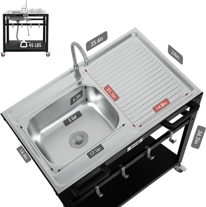 FEASTO Modular Outdoor Kitchen Sink Station Free Standing Table with Sink 304 Stainless-Steel Single Bowl Faucet & Drainboard Movable Commercial Kitchen