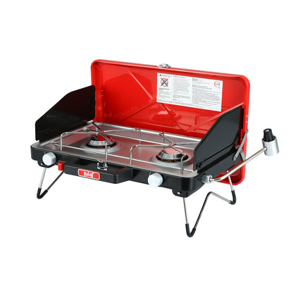FEASTO Propane Camping Stove with Two Adjustable High Power Windproof Burners and Two Folding Legs Convenient for Outdoor Camping Picnic L22.8’’x W14.1’’x H13.6’’ (Red)