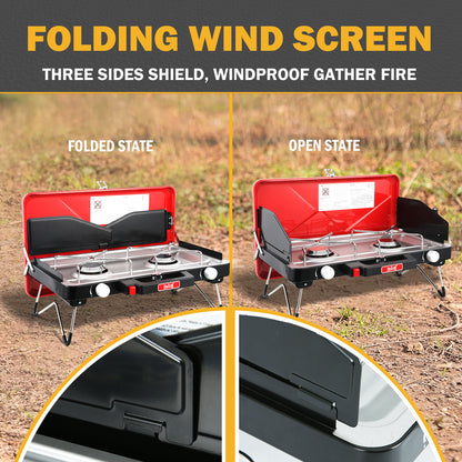 FEASTO Propane Camping Stove with Two Adjustable High Power Windproof Burners and Two Folding Legs Convenient for Outdoor Camping Picnic L22.8’’x W14.1’’x H13.6’’ (Red)