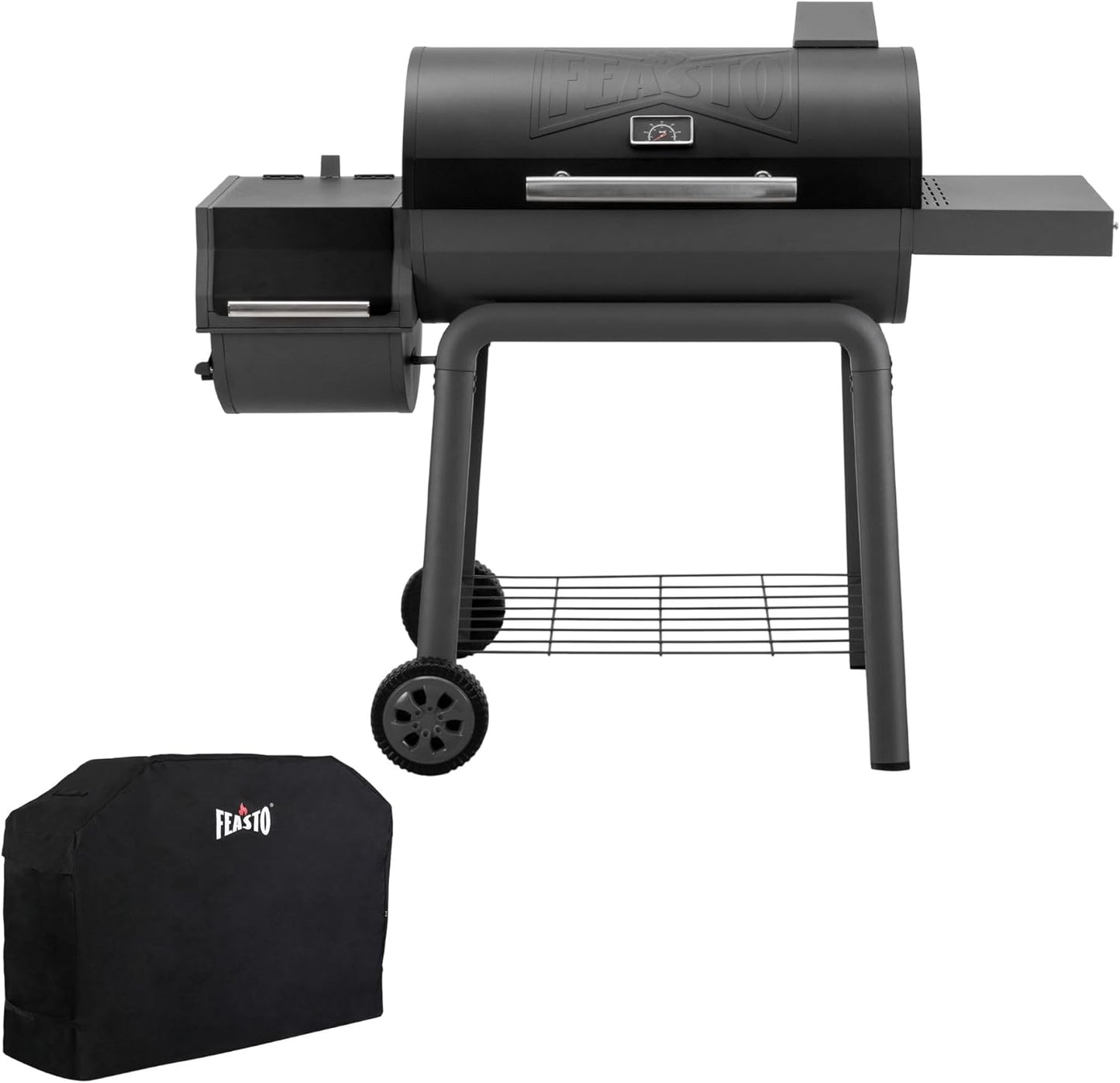 Feasto 30'' Outdoor Charcoal Grills with Cover, BBQ Grill with Offset Smoker and Side Table, 832 Sq. In. Heavy-Duty for Outdoor Backyard, Patio and Parties, Black