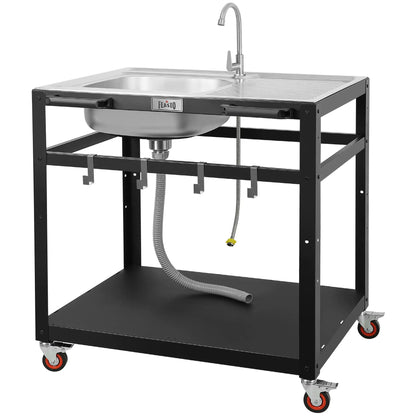 35-Inch Outdoor Grill Cart with Stainless Steel Sink, Rolling BBQ Prep Table with Faucet