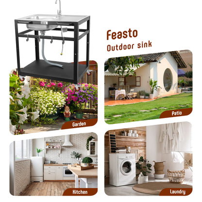 FEASTO Modular Outdoor Kitchen Sink Station Free Standing Table with Sink 304 Stainless-Steel Single Bowl Faucet & Drainboard Movable Commercial Kitchen