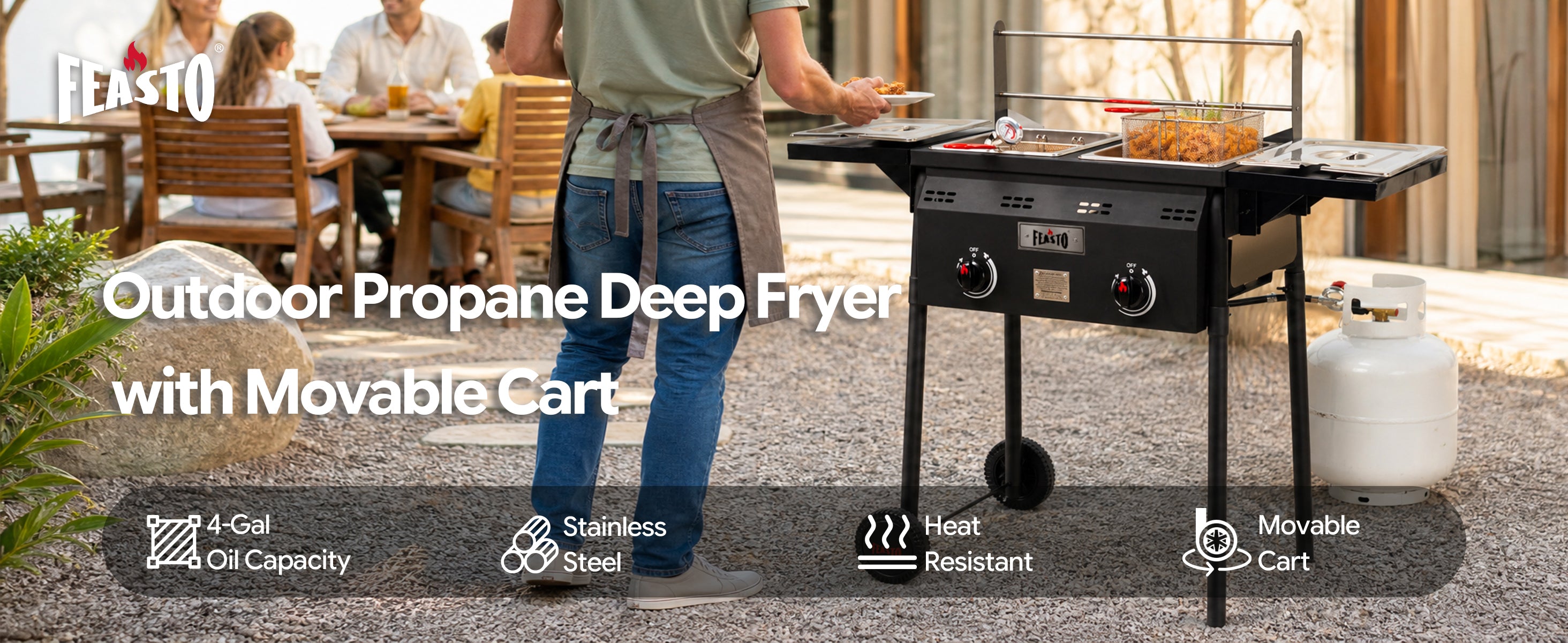 Outdoor Propane Deep Fryer - Dual Tank, Dual Burners, Movable Cart