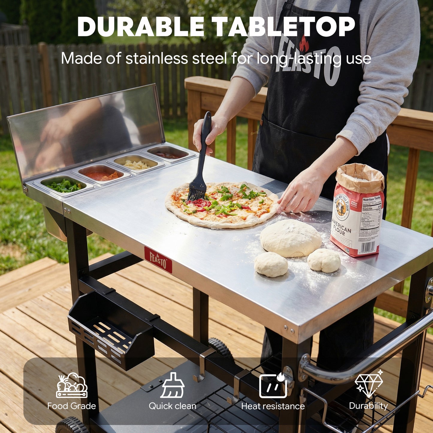 Feasto Outdoor Pizza Prep Station,Stainless Steel Top with 4 Ingredients Containers(Add to cart and enjoy an additional 7% discount)