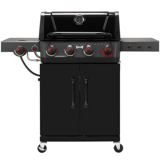 FEASTO 4-Burner Propane Gas Grill with Sear Burner & Side Burner, Porcelain-Enameled Main Body and Lid, 49,500 BTU Outdoor BBQ Grill, 563 Sq. In. Cooking Area, Cabinet Storage, Backyard Patio Barbecue Grill, Black