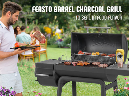 Charcoal Grill with Offset Smoker Grill and Side Table, 30-In Heavy-Duty Outdoor BBQ Grill with 815 Sq. In. Cooking Space for Outdoor Barbecue in Backyard, Patio and Parties, Black by Feasto
