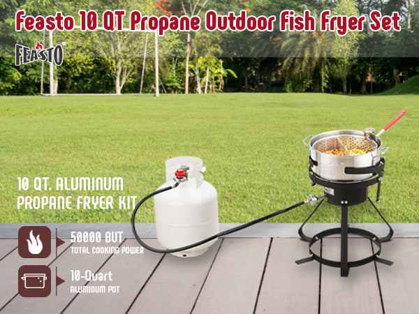 10 Qt Aluminum Outdoor Propane Gas Fish Fryer Pot Kit with Strainer Basket, 50,000 BTU Burner, Adjustable 0-5 PSI Regulator, Perfect for Boiling and Frying