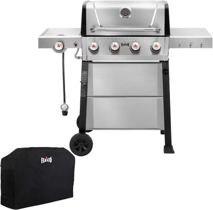 4+1 Burner Gas Grill, All Stainless Steel Outdoor BBQ Grill with Enameled Coated Chamber Body, 48,000 BTU Garden Barbecue Grill with Porcelain-Enameled Cast lron Grates, Grill Cover Included