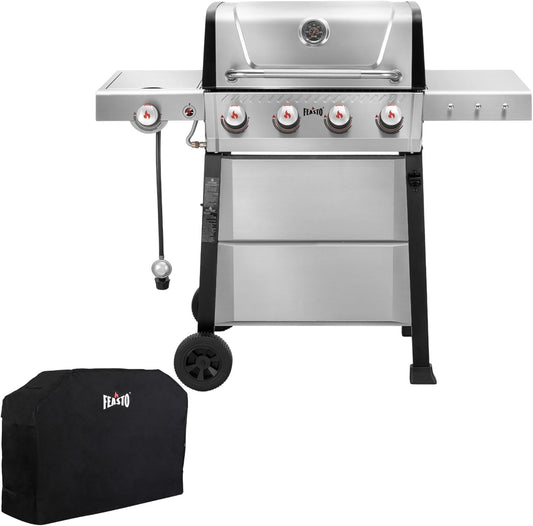 4+1 Burner Gas Grill, All Stainless Steel Outdoor BBQ Grill with Enameled Coated Chamber Body, 48,000 BTU Garden Barbecue Grill with Porcelain-Enameled Cast lron Grates, Grill Cover Included