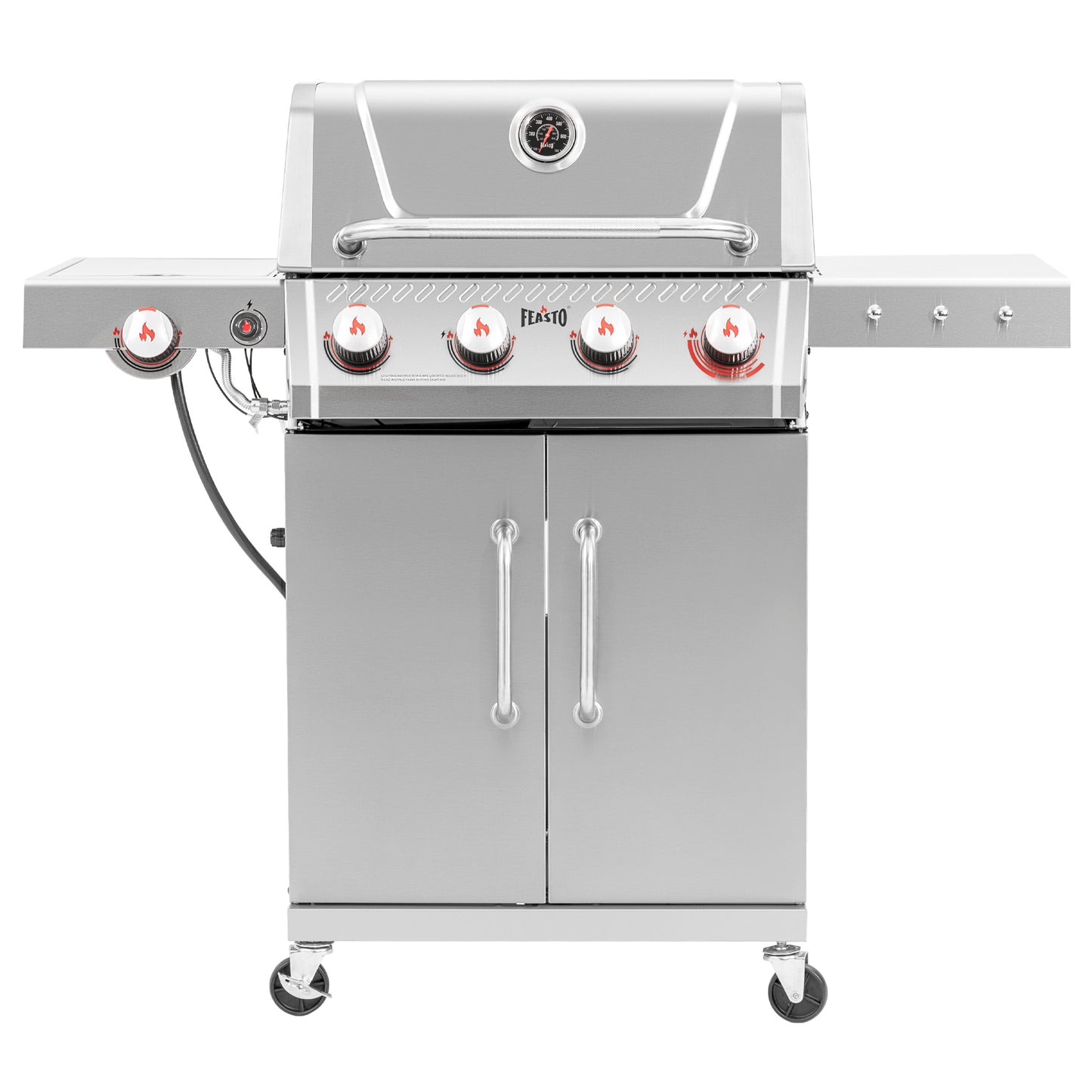 FEASTO Stainless Steel 4-Burner Propane Gas Grill with Sear Burner & Side Burner, Stainless Steel Construction with Porcelain-Enameled Main Body, 49,500 BTU Outdoor BBQ Grill, 563 Sq. In. Cabinet Storage, Backyard Patio Barbecue Grill, Silver
