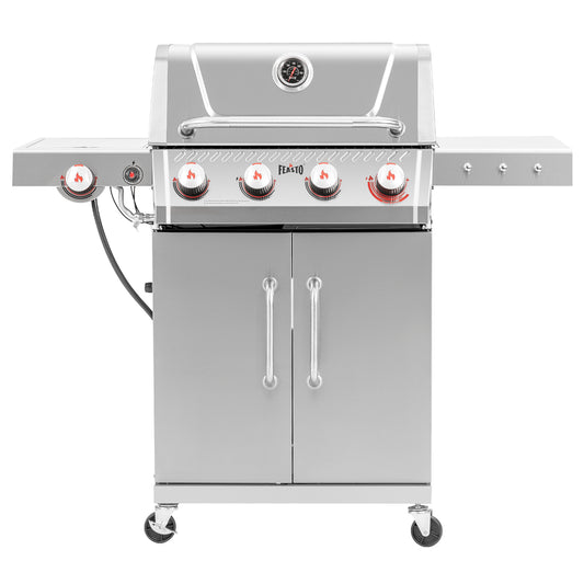 FEASTO Stainless Steel 4-Burner Propane Gas Grill with Sear Burner & Side Burner, Stainless Steel Construction with Porcelain-Enameled Main Body, 49,500 BTU Outdoor BBQ Grill, 563 Sq. In. Cabinet Storage, Backyard Patio Barbecue Grill, Silver