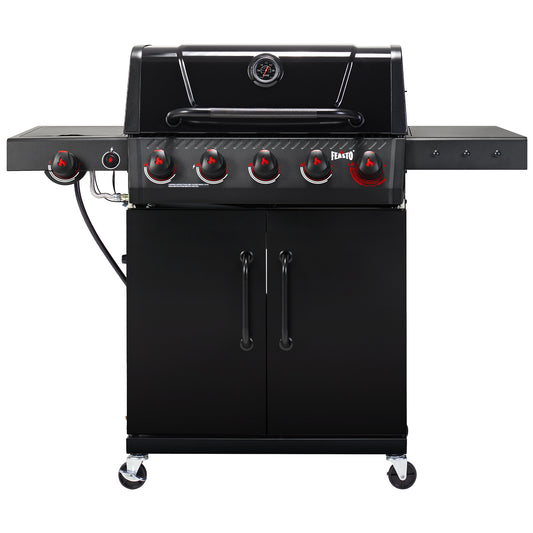 FEASTO 5-Burner Propane Gas Grill with Sear Burner & Side Burner, Porcelain-Enameled Main Body and Lid, 58,000 BTU Outdoor BBQ Grill, 686 Sq. In. Cooking Area, Cabinet Storage, Backyard Patio Barbecue Grill, Black