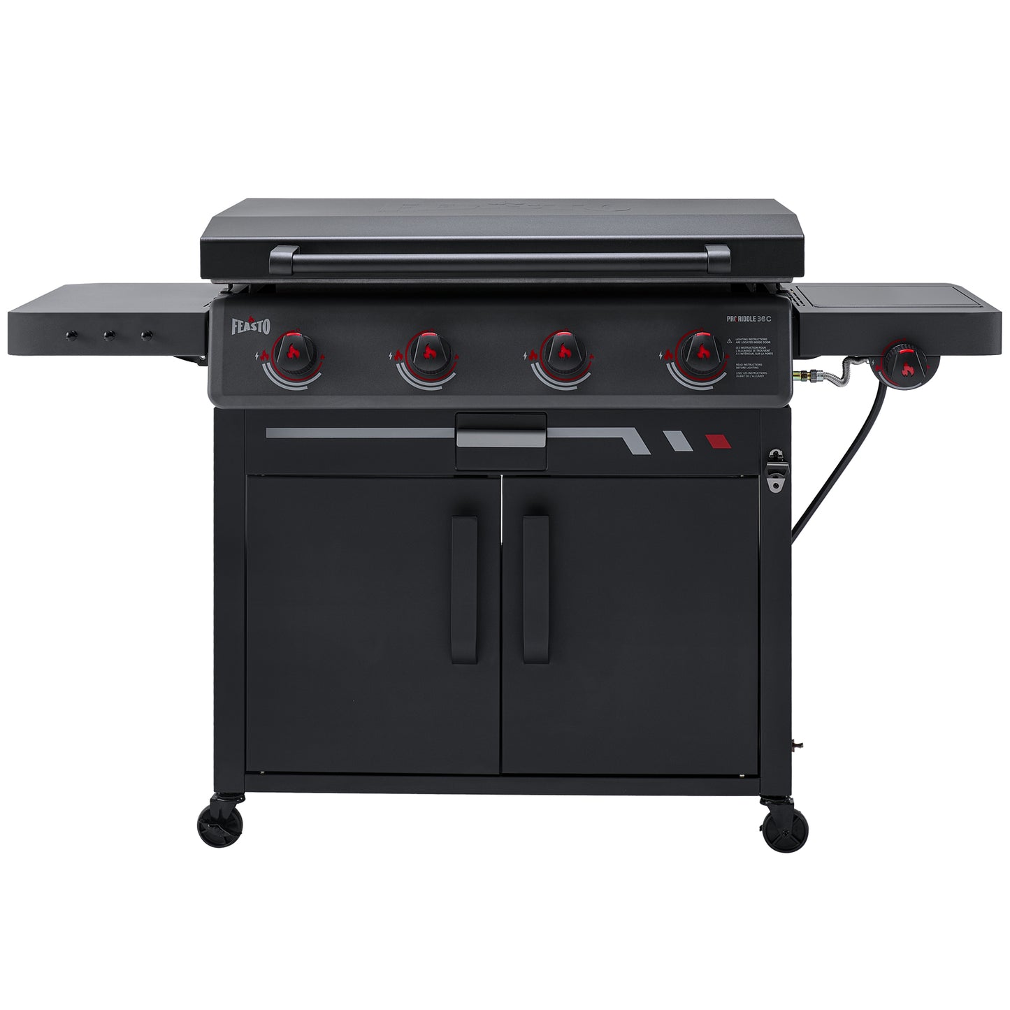 FEASTO 36" 4-Burner Propane Gas Griddle with Side Burner and Cabinet, 50,000 BTU, 720 Sq. In. Cooking Area, Outdoor Flat Top Grill with Hood, Grease Cup, Disposable Foil Liners & Foldable Side Table, for Patio, Backyard, BBQ Party, Black