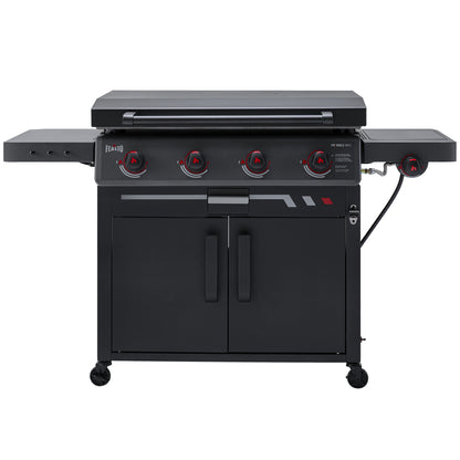 FEASTO 36" 4-Burner Propane Gas Griddle with Side Burner and Cabinet, 50,000 BTU, 720 Sq. In. Cooking Area, Outdoor Flat Top Grill with Hood, Grease Cup, Disposable Foil Liners & Foldable Side Table, for Patio, Backyard, BBQ Party, Black