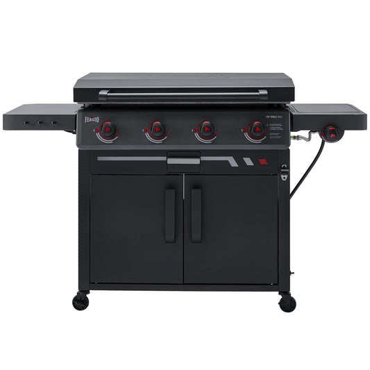 FEASTO 36" 4-Burner Propane Gas Griddle with Side Burner and Cabinet, 50,000 BTU, 720 Sq. In. Cooking Area, Outdoor Flat Top Grill with Hood, Grease Cup, Disposable Foil Liners & Foldable Side Table, for Patio, Backyard, BBQ Party, Black
