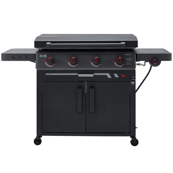 FEASTO 36" 4-Burner Propane Gas Griddle with Side Burner and Cabinet, 50,000 BTU, 720 Sq. In. Cooking Area, Outdoor Flat Top Grill with Hood, Grease Cup, Disposable Foil Liners & Foldable Side Table, for Patio, Backyard, BBQ Party, Black