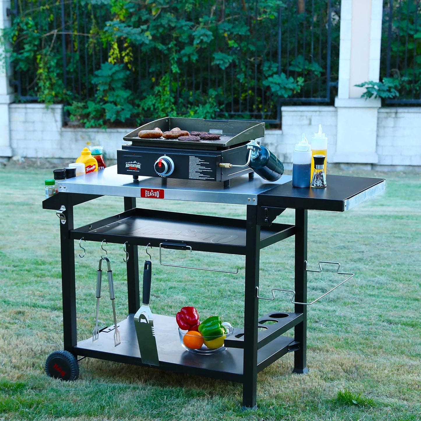 Feasto Outdoor Grill Table Cart, Pizza Oven Stand with Cover, 50" x 22" Stainless Steel Tabletop