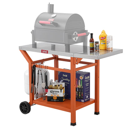 Feasto Outdoor Grill Table, 40’’x20’’, Movable Pizza Oven Table with Wheels, Stainless Steel Countertop Grill Cart with Storage Shelf & Foldable Extension Table, 6 Extra Hooks,for BBQ Food Prep