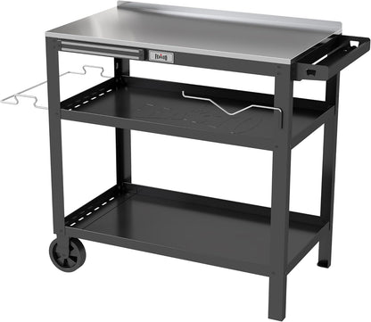 FEASTO  31.5"x18" Outdoor Grill Cart with Stainless Steel Tabletop, Movable Grill Table with Seasoning Rack & Magnetic Tools Holder, Backyard BBQ Kitchen Food Prep Table for Portable Grill & Pizza Oven