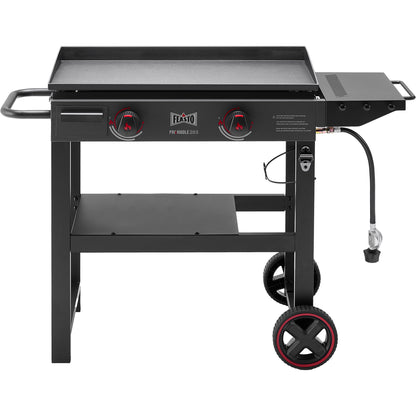 FEASTO 28" 2-Burner Propane Gas Griddle with Cart, 30,000 BTU, 458 Sq. In. Cooking Area, Outdoor Heavy-Duty Flat Top Grill with Front Grease Cup, Side Table, for Camping, Tailgating, Backyard, Black