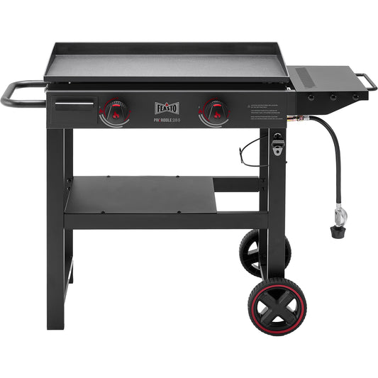 FEASTO 28" 2-Burner Propane Gas Griddle with Cart, 30,000 BTU, 458 Sq. In. Cooking Area, Outdoor Heavy-Duty Flat Top Grill with Front Grease Cup, Side Table, for Camping, Tailgating, Backyard, Black