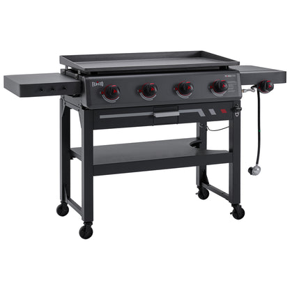 FEASTO 36" 4-Burner Propane Gas Griddle with Side Burner, 63,000 BTU, 720 Sq. In. Cooking Area, Outdoor Flat Top Grill with Grease Cup, Disposable Foil Liners & Foldable Side Table, for Patio, Backyard, BBQ Party, Black