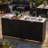 Outdoor kitchen island with sink,cooking utensils on a patio.