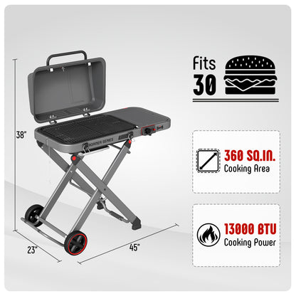 FEASTO Portable Propane Gas Grill with Folding Cart & 13000 BTU Burner, 360 SQ.IN. Cast Iron Cooking Grates, Side table, 8’’ Wheels, Stainless Grease Tray for Outdoor BBQ, Camping & Tailgating, Black