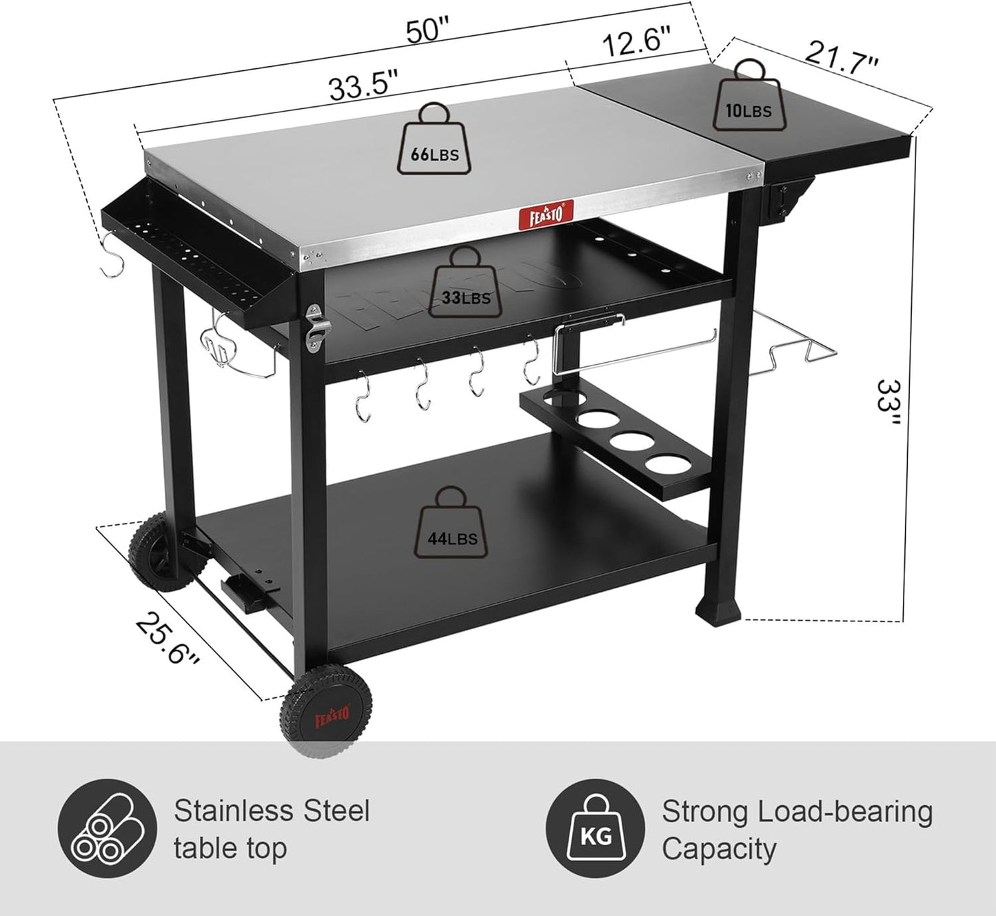 Feasto Outdoor Grill Table Cart, Pizza Oven Stand with Cover, 50" x 22" Stainless Steel Tabletop