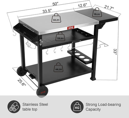 Feasto Outdoor Grill Table Cart, Pizza Oven Stand with Cover, 50" x 22" Stainless Steel Tabletop