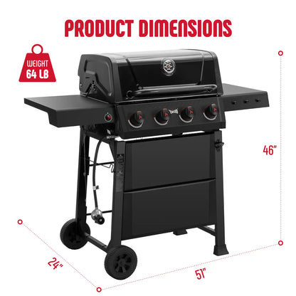 4-Burner Propane Gas Grill with 2 Side Tables and Porcelain-Enameled Grates, Black