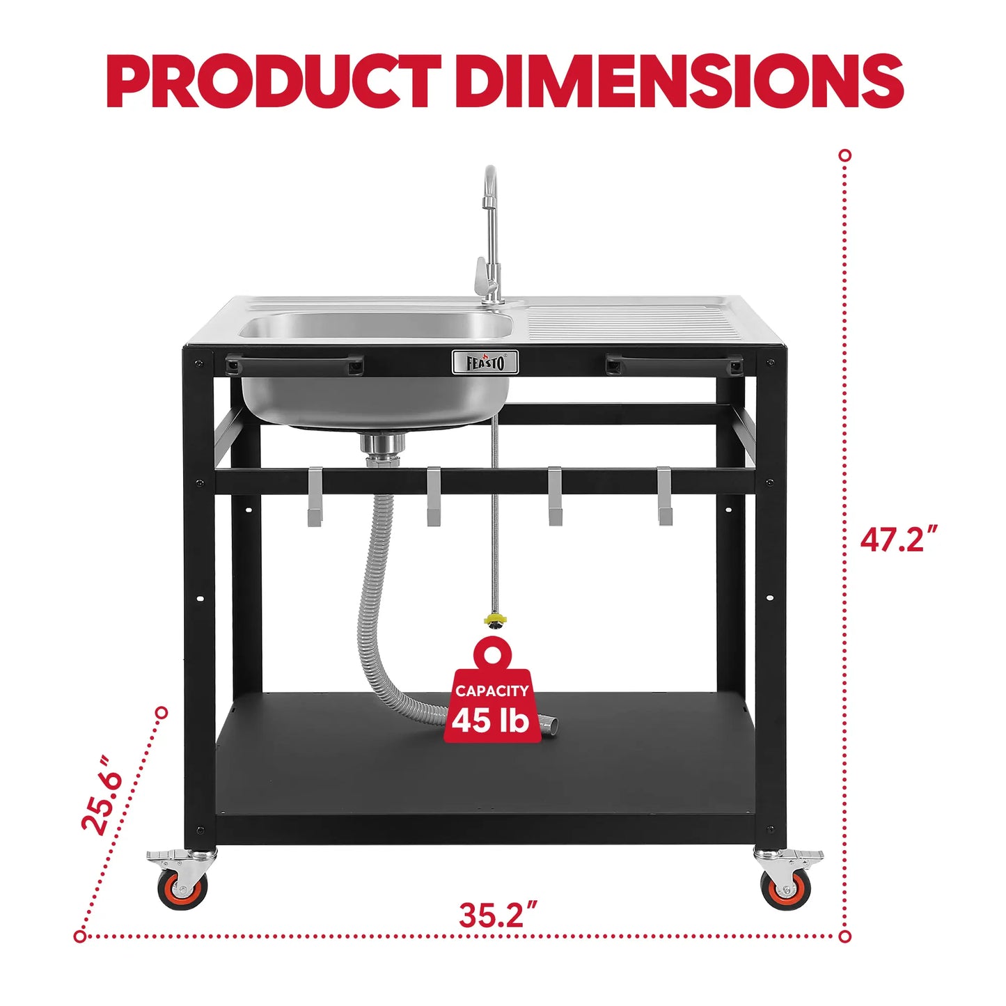 35-Inch Outdoor Grill Cart with Stainless Steel Sink, Rolling BBQ Prep Table with Faucet