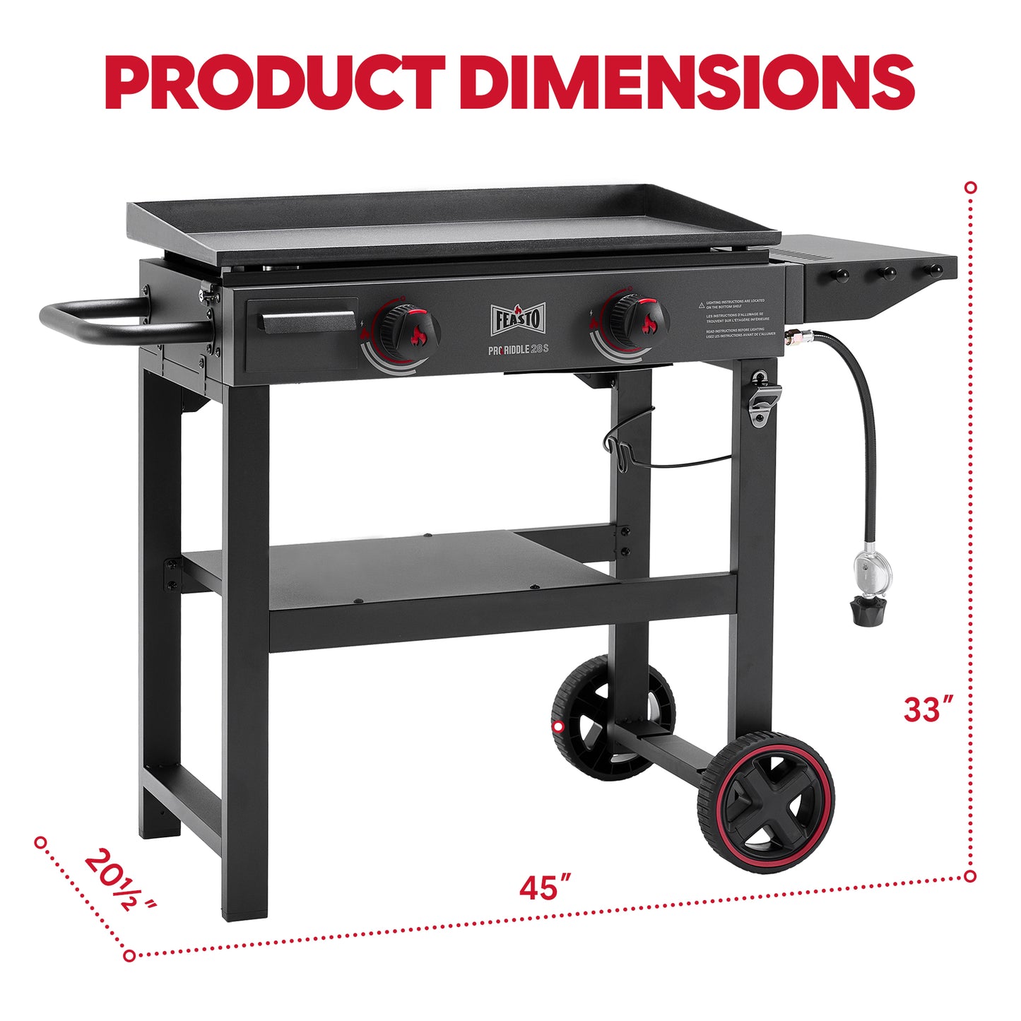 FEASTO 28" 2-Burner Propane Gas Griddle with Cart, 30,000 BTU, 458 Sq. In. Cooking Area, Outdoor Heavy-Duty Flat Top Grill with Front Grease Cup, Side Table, for Camping, Tailgating, Backyard, Black