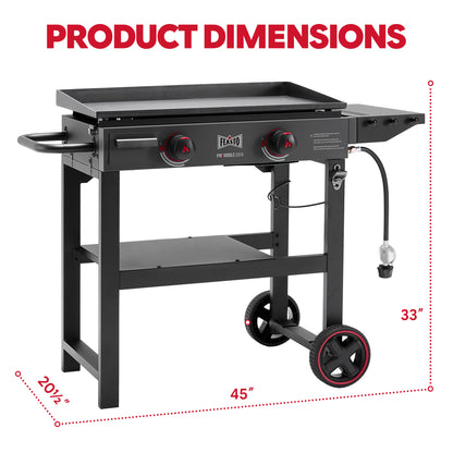 FEASTO 28" 2-Burner Propane Gas Griddle with Cart, 30,000 BTU, 458 Sq. In. Cooking Area, Outdoor Heavy-Duty Flat Top Grill with Front Grease Cup, Side Table, for Camping, Tailgating, Backyard, Black