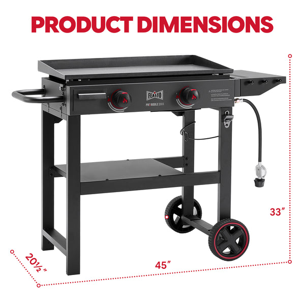 FEASTO 28" 2-Burner Propane Gas Griddle with Cart, 30,000 BTU, 458 Sq. In. Cooking Area, Outdoor Heavy-Duty Flat Top Grill with Front Grease Cup, Side Table, for Camping, Tailgating, Backyard, Black