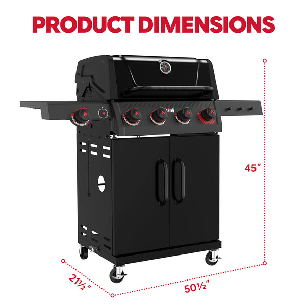 FEASTO 4-Burner Propane Gas Grill with Sear Burner & Side Burner, Porcelain-Enameled Main Body and Lid, 49,500 BTU Outdoor BBQ Grill, 563 Sq. In. Cooking Area, Cabinet Storage, Backyard Patio Barbecue Grill, Black