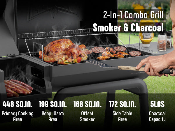 Charcoal Grill with Offset Smoker Grill and Side Table, 30-In Heavy-Duty Outdoor BBQ Grill with 815 Sq. In. Cooking Space for Outdoor Barbecue in Backyard, Patio and Parties, Black by Feasto