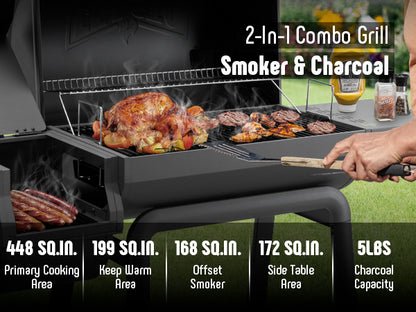 Charcoal Grill with Offset Smoker Grill and Side Table, 30-In Heavy-Duty Outdoor BBQ Grill with 815 Sq. In. Cooking Space for Outdoor Barbecue in Backyard, Patio and Parties, Black by Feasto