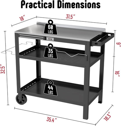 FEASTO  31.5"x18" Outdoor Grill Cart with Stainless Steel Tabletop, Movable Grill Table with Seasoning Rack & Magnetic Tools Holder, Backyard BBQ Kitchen Food Prep Table for Portable Grill & Pizza Oven