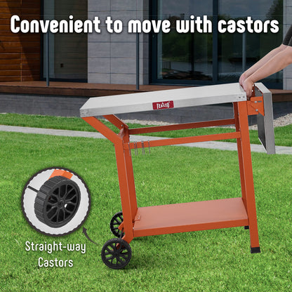 Feasto Outdoor Grill Table, 40’’x20’’, Movable Pizza Oven Table with Wheels, Stainless Steel Countertop Grill Cart with Storage Shelf & Foldable Extension Table, 6 Extra Hooks,for BBQ Food Prep