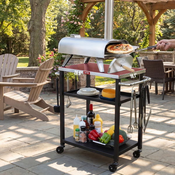 Rolling 3-tier Adjustable Outdoor Pizza Oven Table,Stainless Steel Table Top Worktable